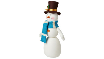 Isolated seasonal snowman with cute design, wearing a hat, colorful scarf, and button ornament