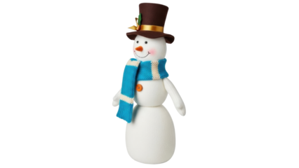 Isolated seasonal snowman with cute design, wearing a hat, colorful scarf, and button ornament