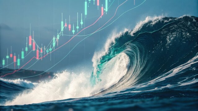 A powerful ocean wave contrasts with financial charts, symbolizing the intersection of nature and economics.