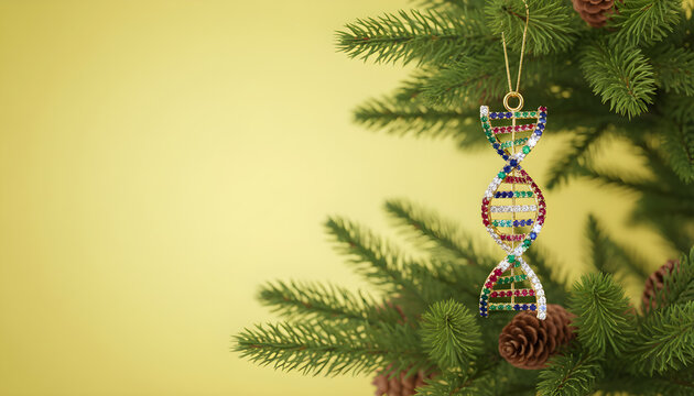 DNA helix ornament hangs from green Christmas tree branch on soft yellow background - Powered by Adobe