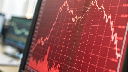 A digital display shows a declining stock market graph, characterized by red lines and bars, indicating a bearish trend.