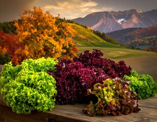 Diverse lettuce varieties foregrounded against a stunning landscape of colorful trees and distant mountains