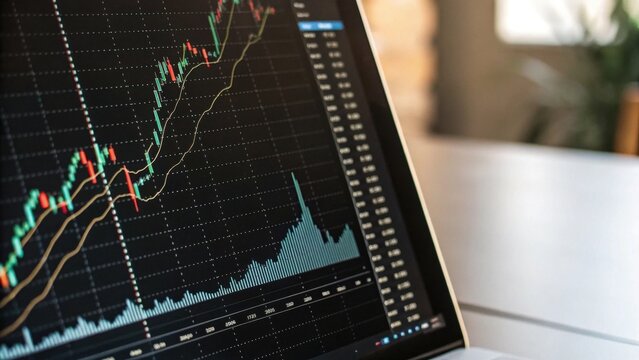 A close-up of a laptop screen displaying a financial chart with colorful lines and bars, indicating market trends and data analysis.