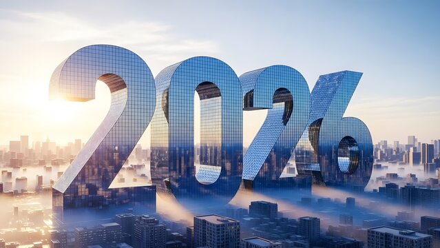 Massive 2026 New Year Numbers Reflecting City Skyline at Dawn