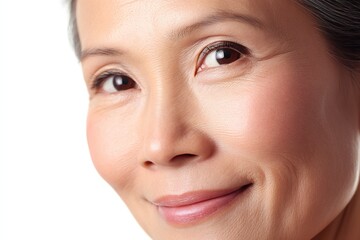 Fototapeta premium Beautiful woman with clear skin smiling at camera against white background, clean healthy facial features, side face focus for skincare product beauty effect advertisement.