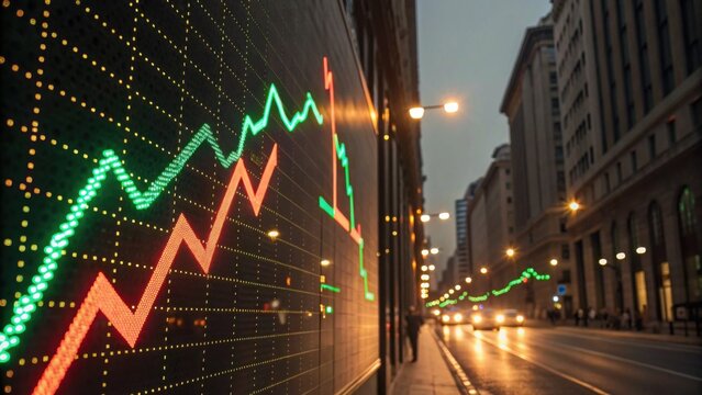 A city street scene featuring a digital stock market display with fluctuating green and red lines, capturing the essence of financial activity after dusk.
