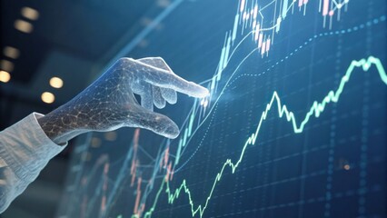 A futuristic hand interacts with a digital financial graph, symbolizing technology and data analysis in modern finance.