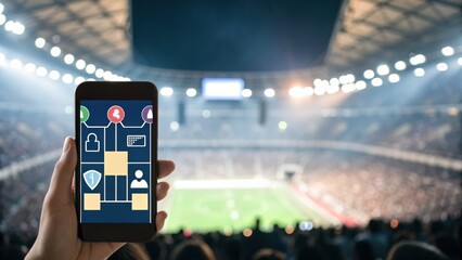 A hand holds a smartphone displaying various app icons, with a bustling stadium in the background, highlighting the intersection of technology and sports.