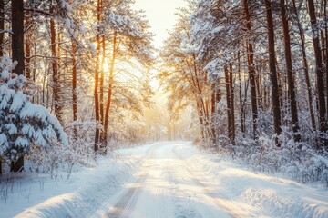 Obraz premium Winter sunrise forest road with warm golden light shining through snow-covered trees creating a serene seasonal atmosphere ideal for holiday designs, nature backgrounds, and winter scenery projects