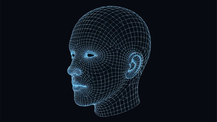 Digital Human Head Wireframe with Glowing Eyes and Grid Pattern.