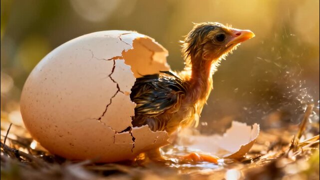 Adorable baby chick hatching from its egg in a nest, symbolizing new beginnings