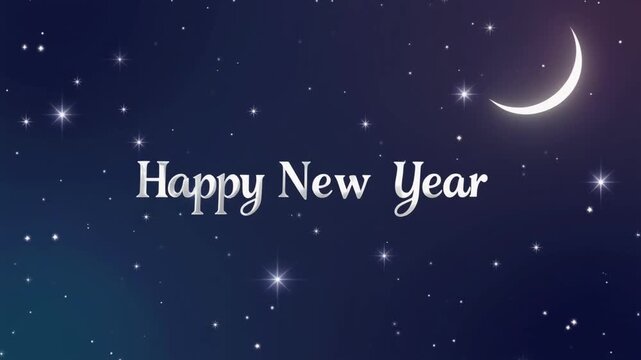 Happy New Year text displayed against a dark blue starry night sky with a crescent moon.