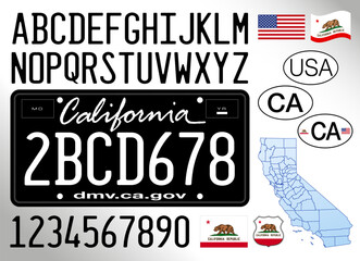 California state car license plate, blackout style, letters, numbers and symbols, vector illustration, United States of America