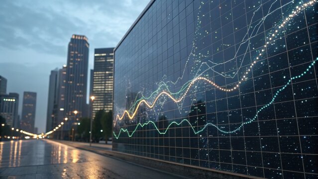 A modern cityscape featuring a digital display of fluctuating data trends on a wall, set against skyscrapers under an overcast sky.