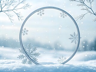 Winter scene with snowflakes a circular frame and a snowy landscape perfect for seasonal designs