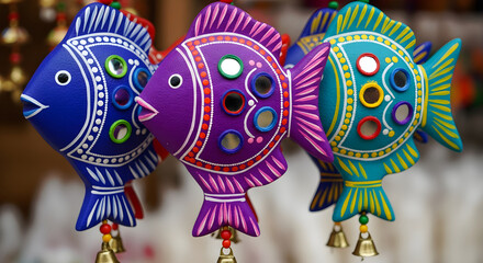 Close-up of colorful handmade terracotta fish wall hanging decorations with mirrors and bells