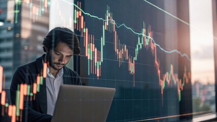 A focused man analyzes stock market trends on his laptop, surrounded by a modern office environment and digital financial graphs.