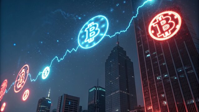 A futuristic city skyline featuring glowing Bitcoin symbols, illustrating the intersection of technology and finance in a digital landscape.