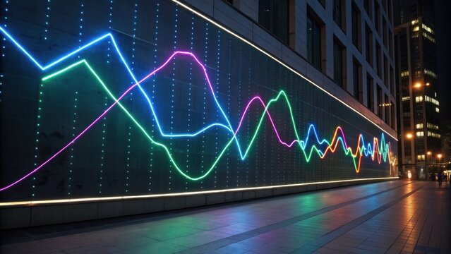 A vibrant, illuminated wall display features colorful wave patterns against a modern building backdrop at night.