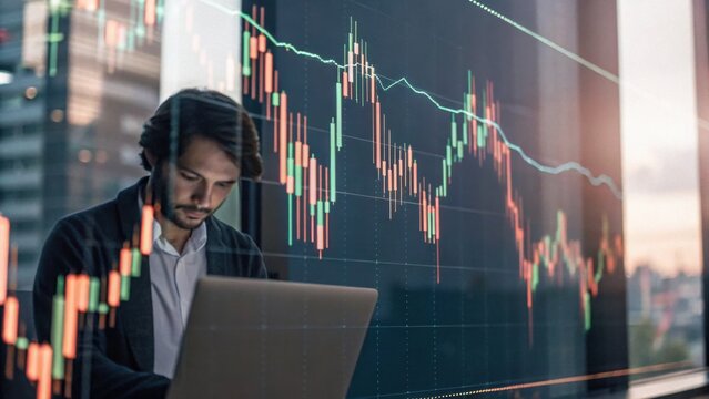 A focused man analyzes stock market trends on his laptop, surrounded by a modern office environment and digital financial graphs.