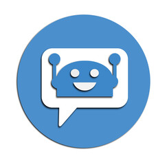 3D Smiling Robot Chat Icon – Friendly AI Assistant with Blue Speech Bubble