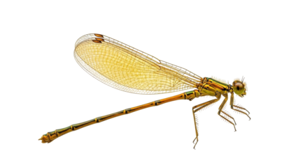 Isolated damselfly resting calmly, a thin flying insect with a slender body and light wings