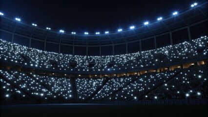 A vibrant stadium filled with fans, all illuminated by bright lights, creating an electric atmosphere during an event.