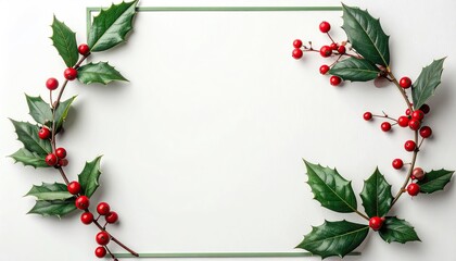 Festive Holly Berries and Green Leaves Border on White Background.