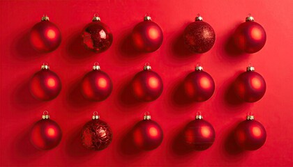 Assortment of Red Christmas Ornaments Displayed on a Red Background.