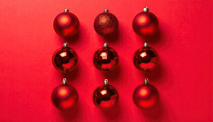 A festive arrangement of nine shiny red Christmas ornaments displayed in a neat grid pattern on a vibrant red backdrop.