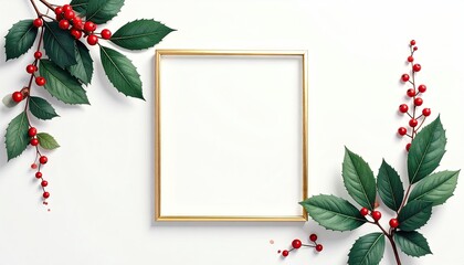 Elegant golden frame surrounded by festive holly branches with red berries on a clean white background.