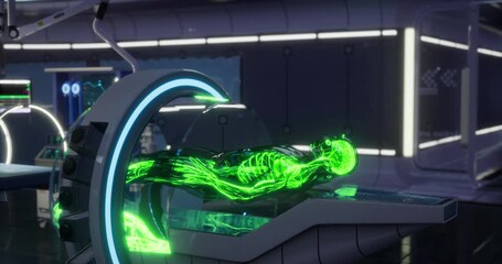A futuristic laboratory features a glowing green representation of blood vessels on a research table. This advanced technology highlights human anatomy in a modern, sterile environment.