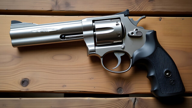 Silver Revolver Handgun on Wood Surface Still Life