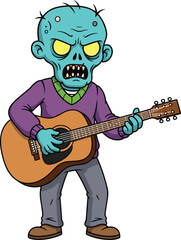 Cartoon zombie playing guitar — blue-skinned undead character with glowing eyes, angry expression, and musical pose in humorous design