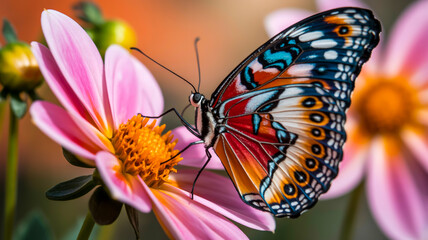 A macro photograph of a vibrant butterfly perched on a pink dahlia flower