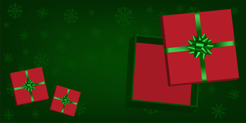 Christmas banner. Realistic red gift boxes with green bow, snowflakes on green background. Text space. Xmas and New Year background, banner, cover, poster, greeting cards.EPS10.