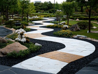 Obraz premium A scenic view of a winding pathway through a beautifully landscaped garden, featuring trees, rocks, and flowers. The path is made of stone and bordered by black
