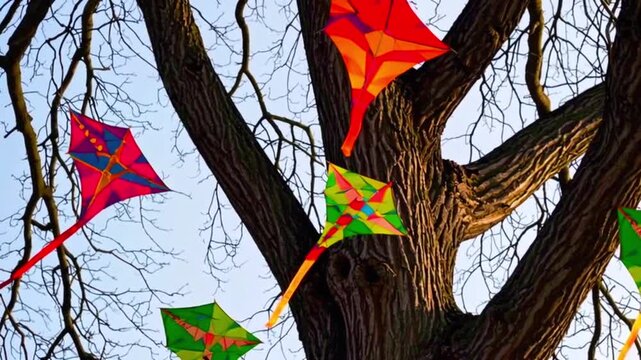 Colorful kites flying outdoors on a bright windy day during kite festival