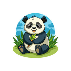 Panda eating bamboo shoots while sitting on grass with a blue sky and clouds in the background isolated on white background isolated on transparent background