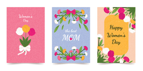 A set of fashionable postcards with congratulations for Women's Day. Floral posters for mom. Vector design with a grainy texture.