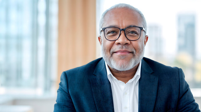 Confident african american man with glasses, wearing a dark suit and white shirt, sitting in a bright office environment, showcasing professionalism and approachability in a corporate setting