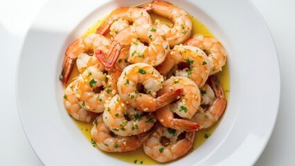 Naklejka premium Delicious garlic butter shrimp served on a white plate, ready to eat