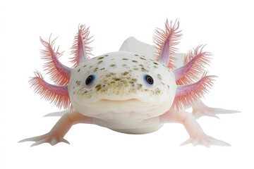 A stunning closeup of a cute white axolotl, a fascinating amphibian animal, smiling curiously at the camera with its feathery pink gills on full display.