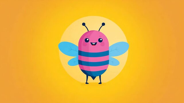 Cute cartoon bee illustration on yellow background featuring a pink and blue design for children book and educational materials