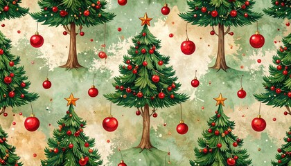 Seamless watercolor pattern of decorated Christmas trees with red ornaments and gold stars.