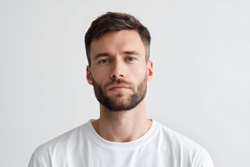 Fototapeta premium A detailed studio portrait of a serious bearded man, featuring a close-up of his handsome face with intense blue eyes looking directly at the camera.