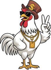 Hip-hop chicken cartoon — funny anthropomorphic character with top hat, gold chains, sunglasses, and peace sign in stylish pose