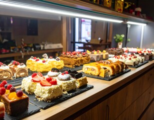 Diverse pastries, cakes, and treats displayed on a wooden shelf with bright lighting in a bakery shop