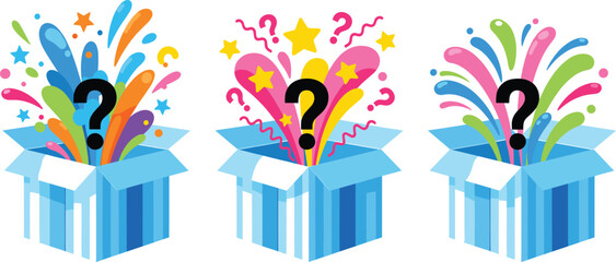 Obraz premium Colorful Vector Illustration Set of Blue Gift Boxes Exploding with Confetti, Stars, and Question Marks, Symbolizing Surprise, Mystery, and Unexpected Prizes or Reveals