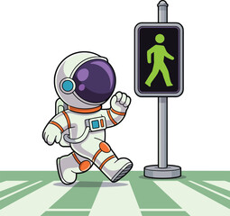Cartoon astronaut crossing street — playful sci-fi illustration with helmeted spacewalker, green signal light, and striped pedestrian crosswalk
